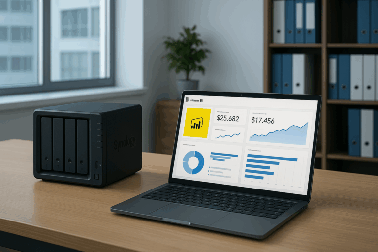 Power BI dashboard on laptop next to Synology NAS for business analytics and data storage
